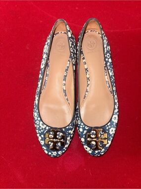 Tory Burch Navy Floral Logo Ballet Flats